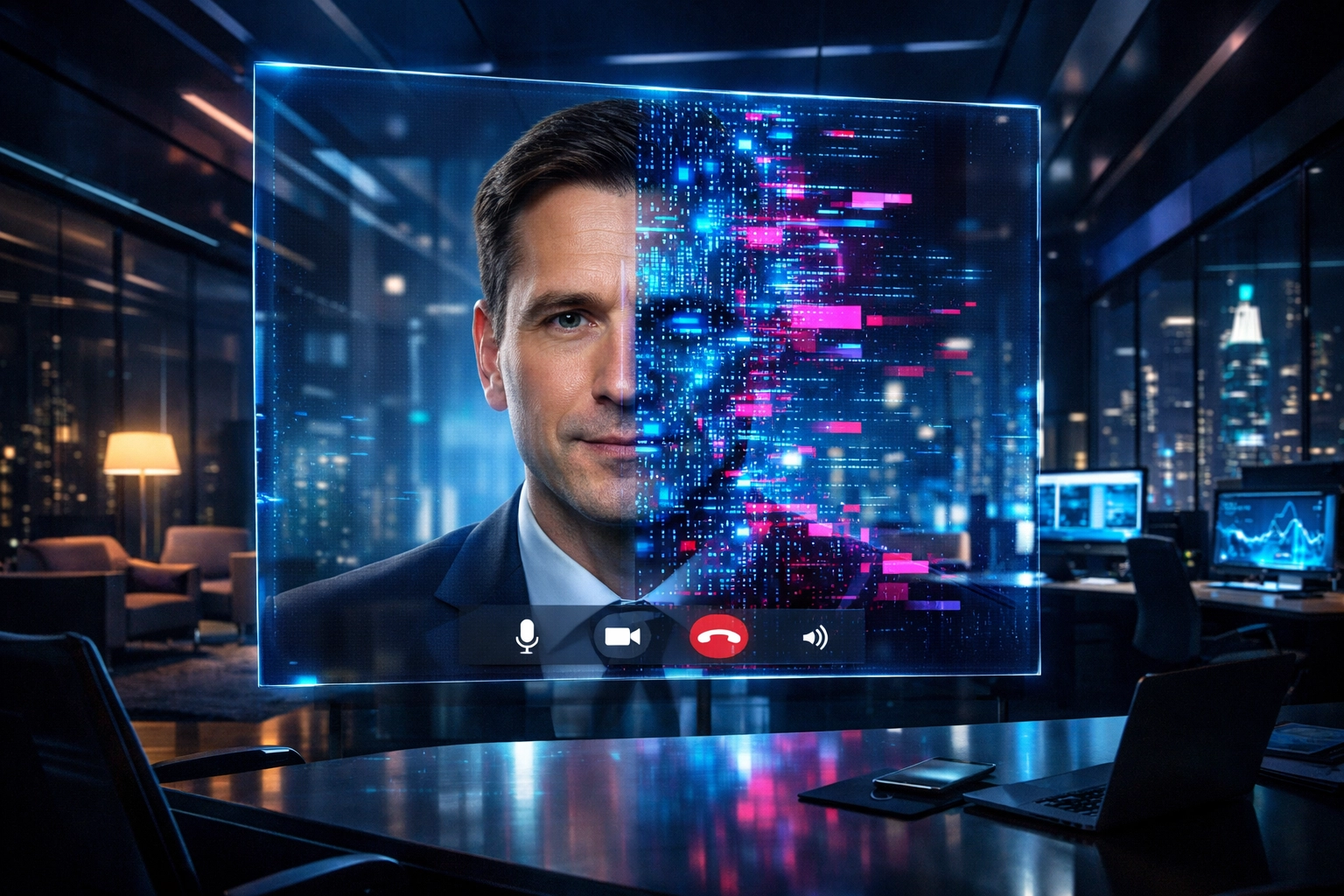 Holografischer Videoanruf zeigt die Manipulation eines Gesichts durch einen Deepfake-KI-Angriff.