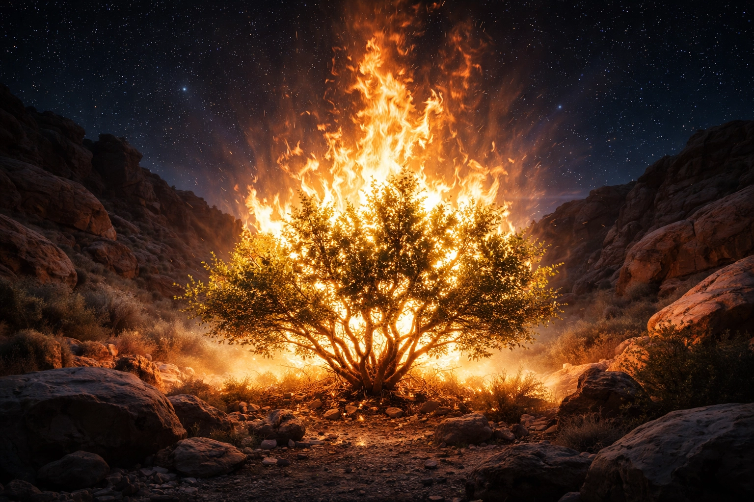 Dramatic nighttime view of the burning bush with untouched green leaves, highlighting the supernatural glory of God in Exodus.