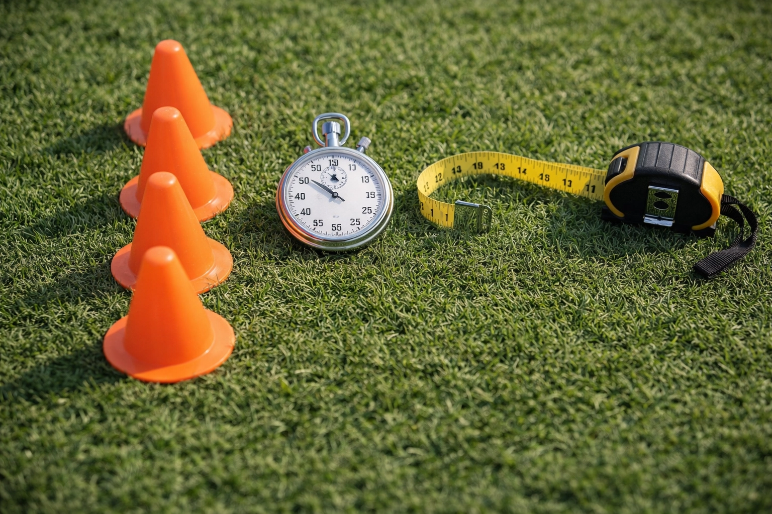 Basic speed training equipment for coaches: cones, stopwatch, and measuring tape on grass field
