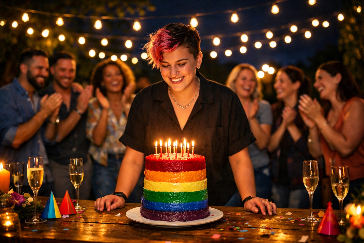 A non-binary person celebrates with a rainbow cake surrounded by their diverse LGBTQ+ chosen family.