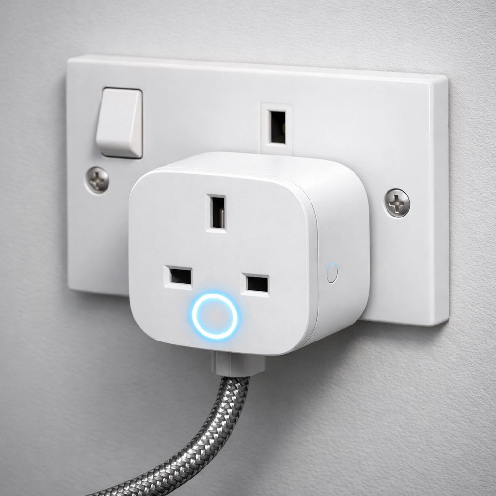 UK smart plug in a standard three-pin socket, used to reduce standby power and save on energy bills.