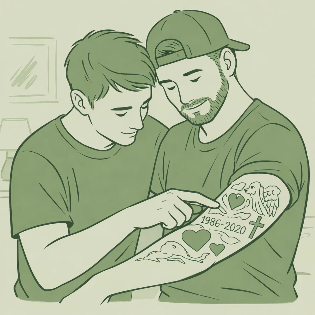 Gay couple sharing intimate moment as one man traces his partner's memorial sleeve tattoo design