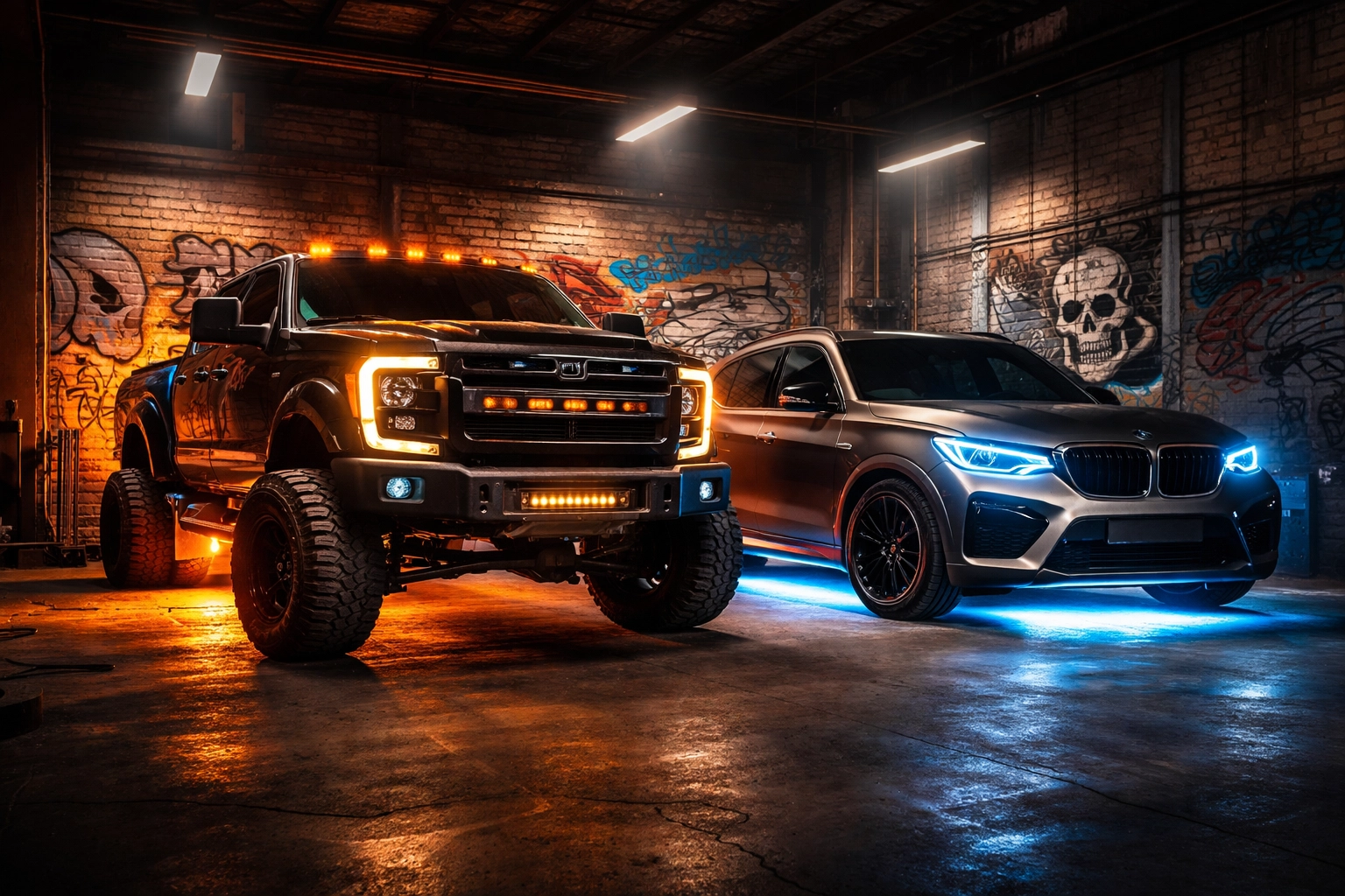Lifted pickup truck and modern SUV in urban garage, ready for professional car audio upgrades Pittsburgh