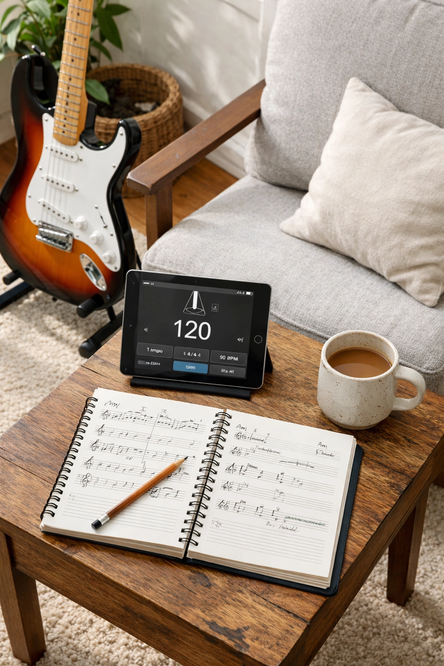 A home practice setup for guitar lessons in Tallahassee featuring an electric guitar and a digital metronome.