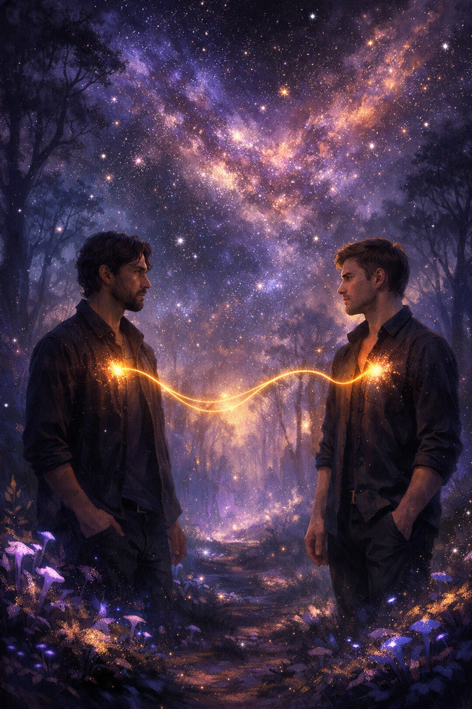 Two men connected by a glowing thread in a cosmic forest, exploring queer spirituality and fated mates tropes.