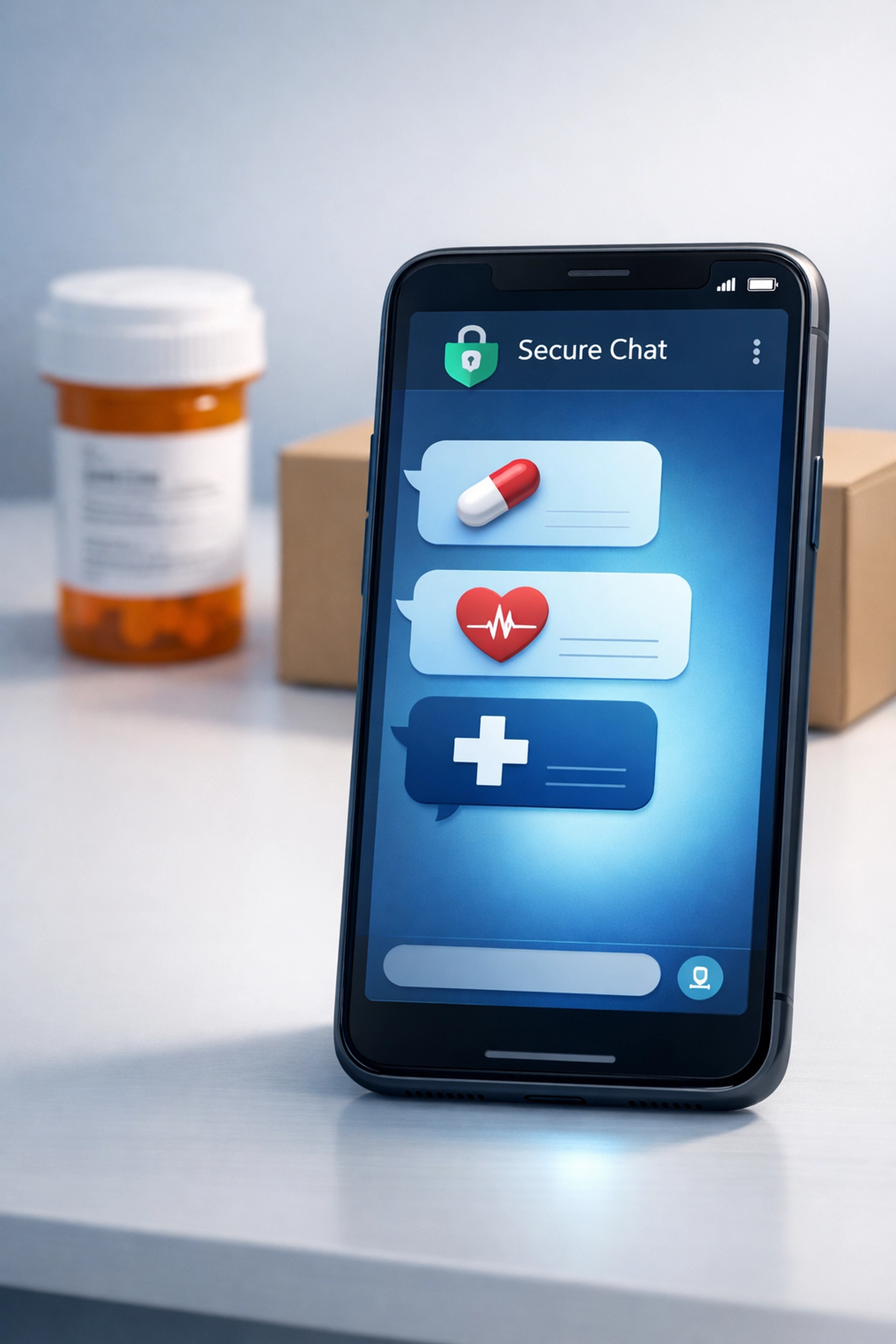 Smartphone with online ED treatment chat, prescription bottle, and discreet delivery box
