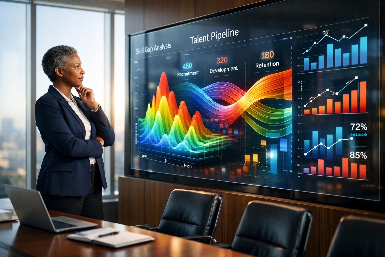 Executive analyzing real-time workforce data visualization and talent pipeline analytics in a modern office.