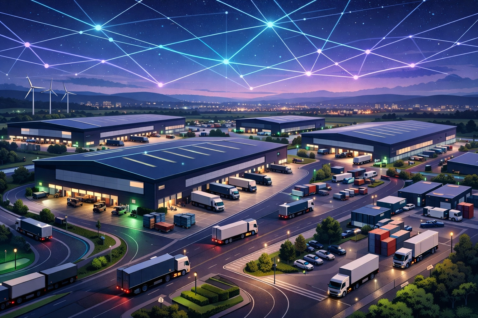 High-tech North West logistics park illustration showcasing warehouse growth for regional recruitment.