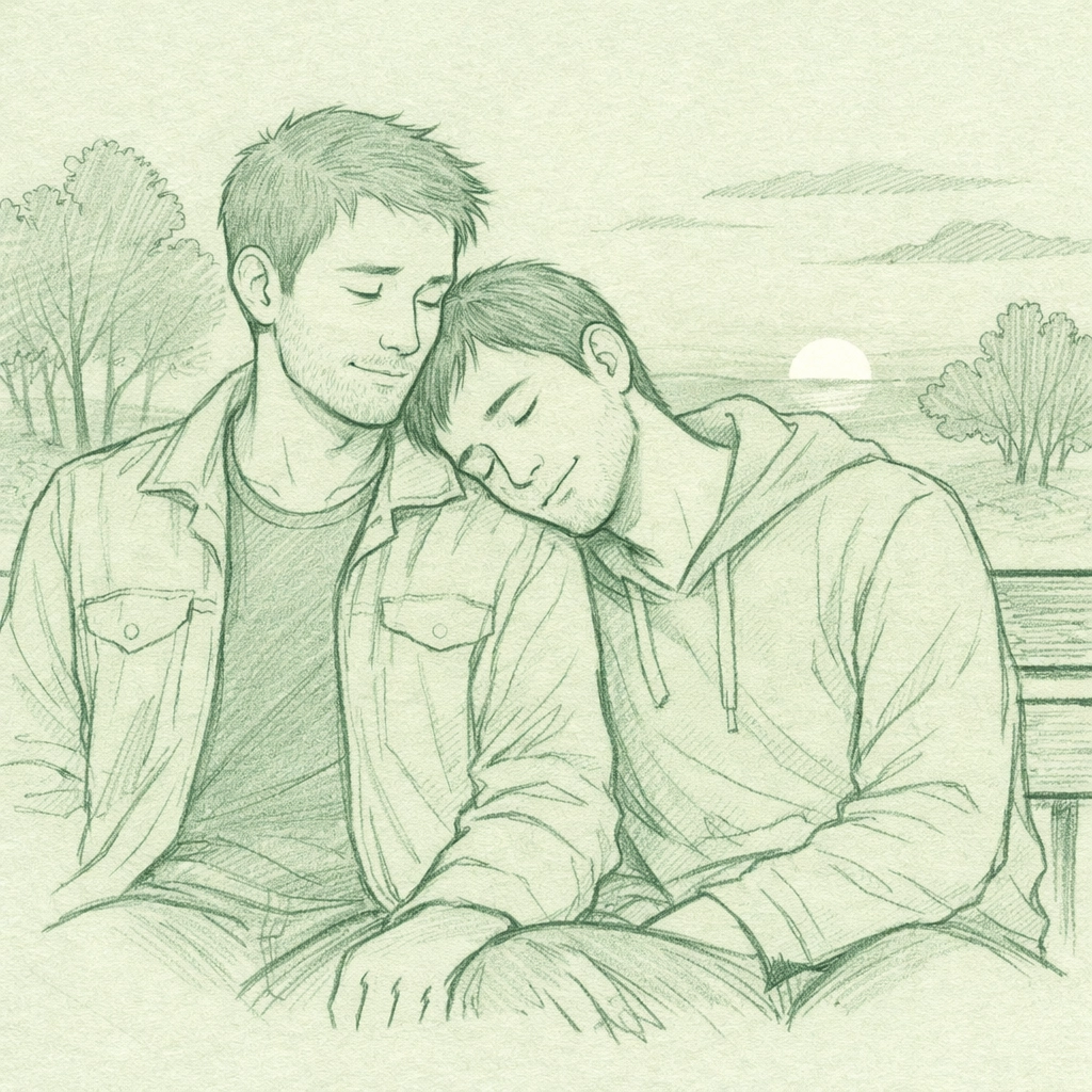 Two men sharing intimate moment on park bench, demonstrating authentic gay connection