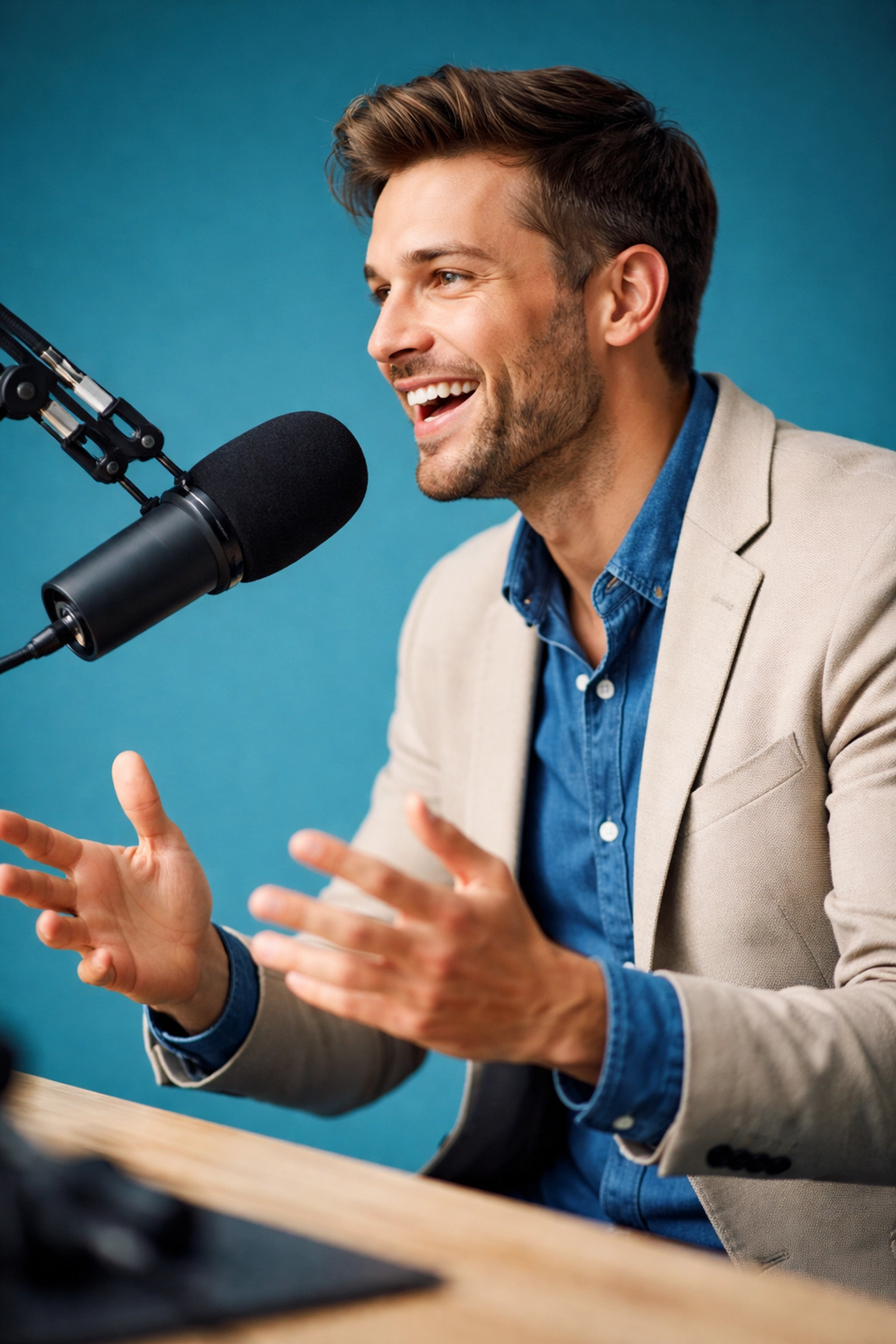 Confident podcast host in conversation, illustrating dynamic podcast production and the power of real storytelling.