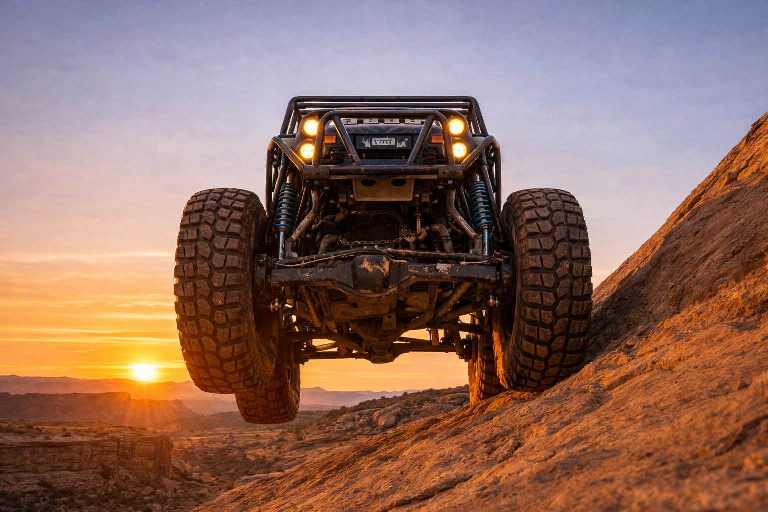 Modified 4x4 rig rock crawling on a steep sandstone ledge in the Uintah Basin during the Vernal Rock Rally.