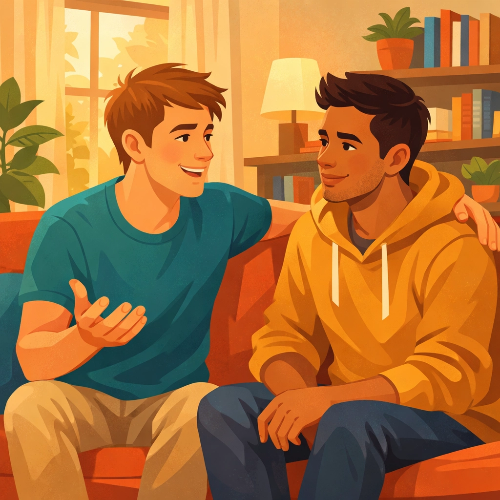 Two gay men having supportive conversation about addiction recovery