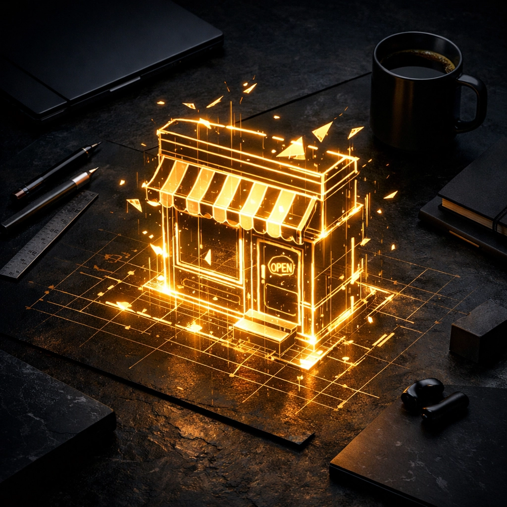 Glowing digital storefront blueprint representing custom website development for Dubai luxury retail brands.