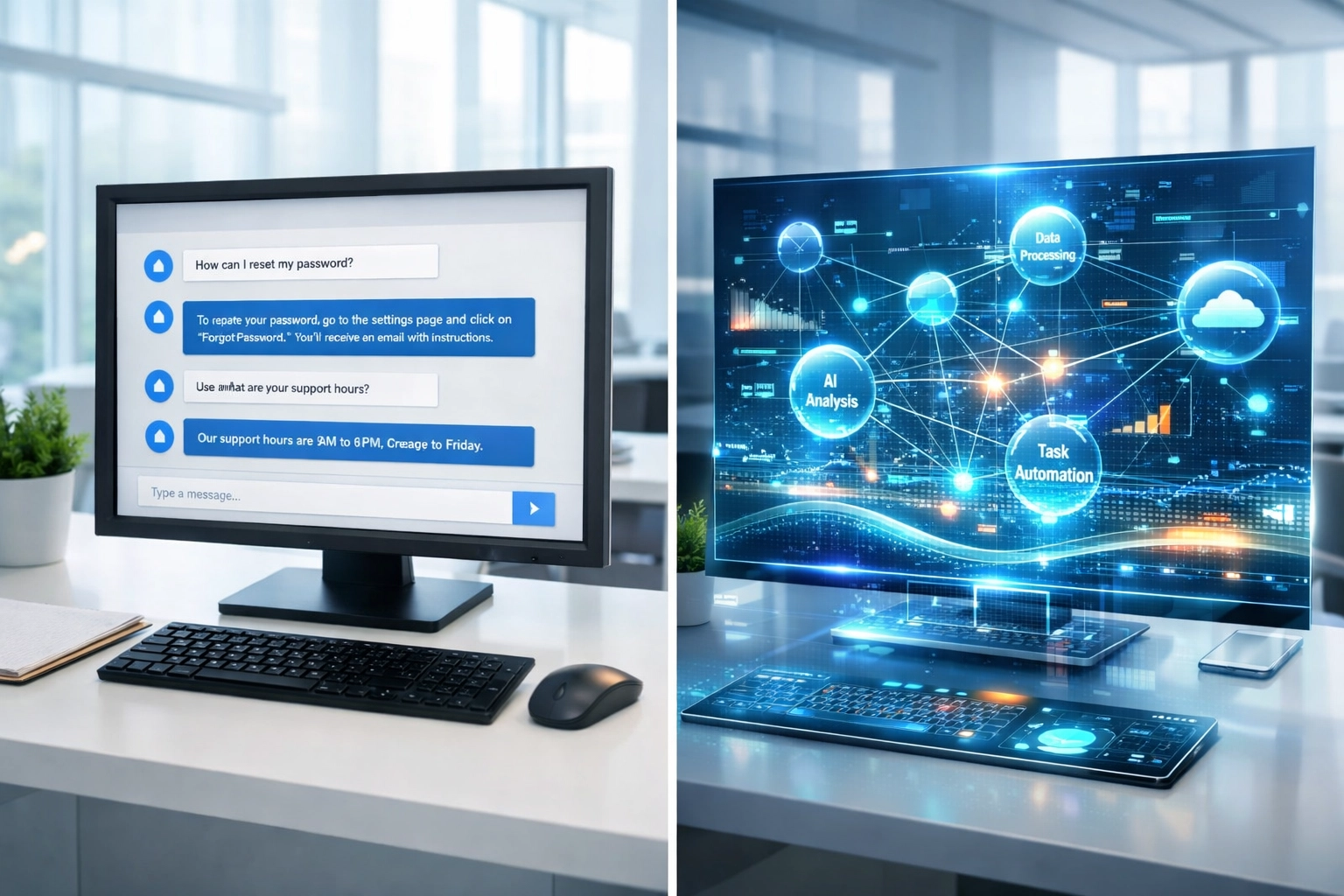 Comparison of traditional chatbot interface versus autonomous AI agent workflows in ServiceNow