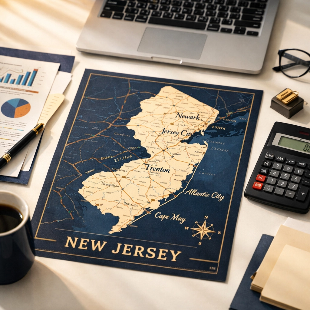 Local NJ bookkeeper workspace with New Jersey map and financial documents-Best Bookkeeper in NJ: Local vs Remote Guide