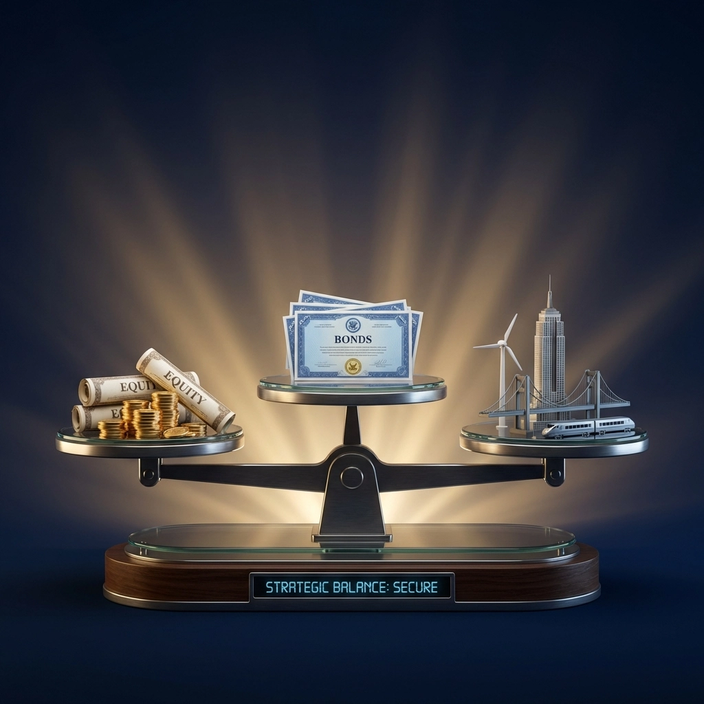 Balanced scale displaying gold coins, bonds, and real estate symbols to illustrate the diversified 40/30/30 investment portfolio strategy.