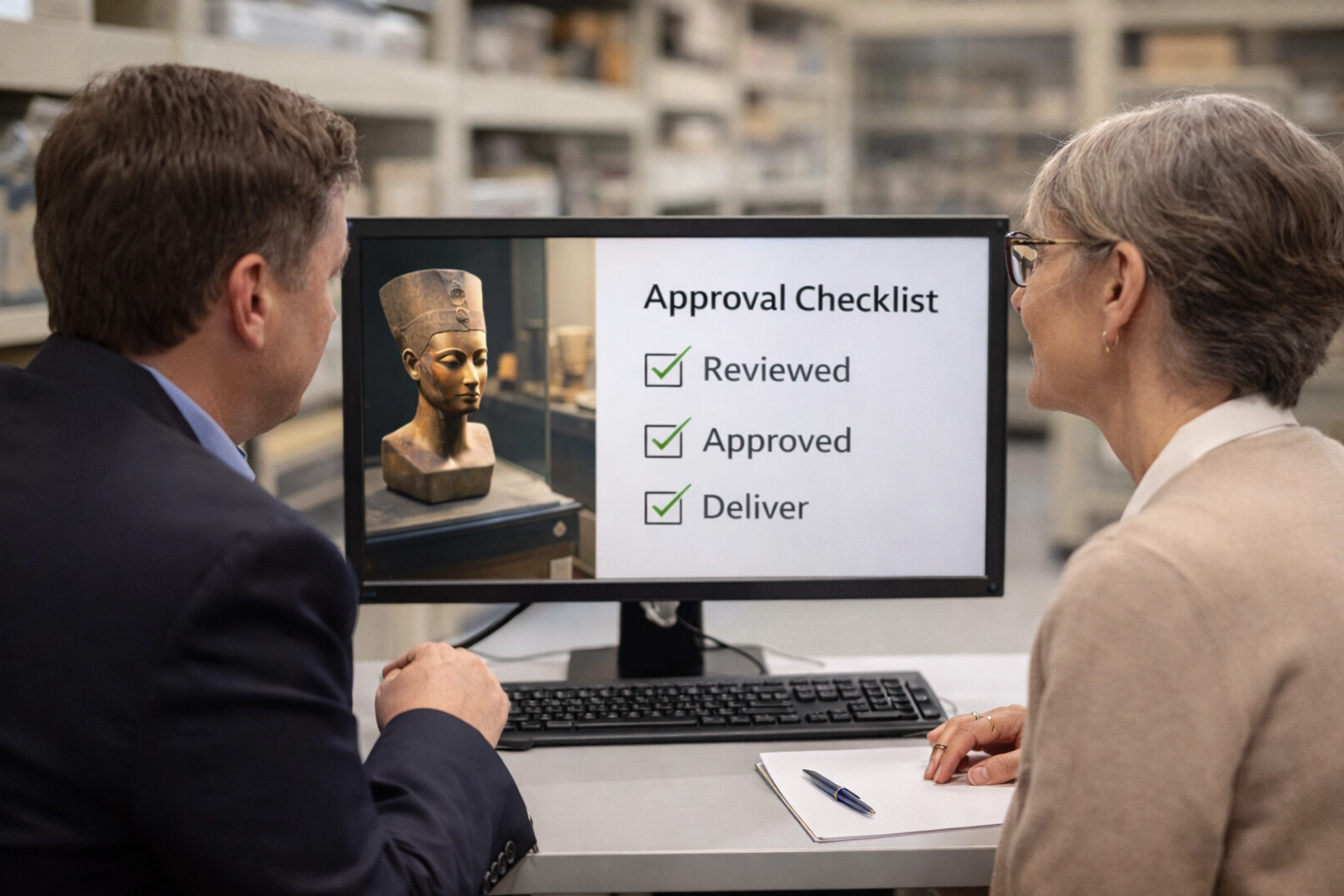 Human-in-the-loop AI workflow diagram showing curator review and approval process for museum AR