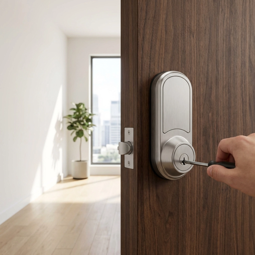 Modern deadbolt lock installation on an apartment door during a Midwest property turnover inspection.