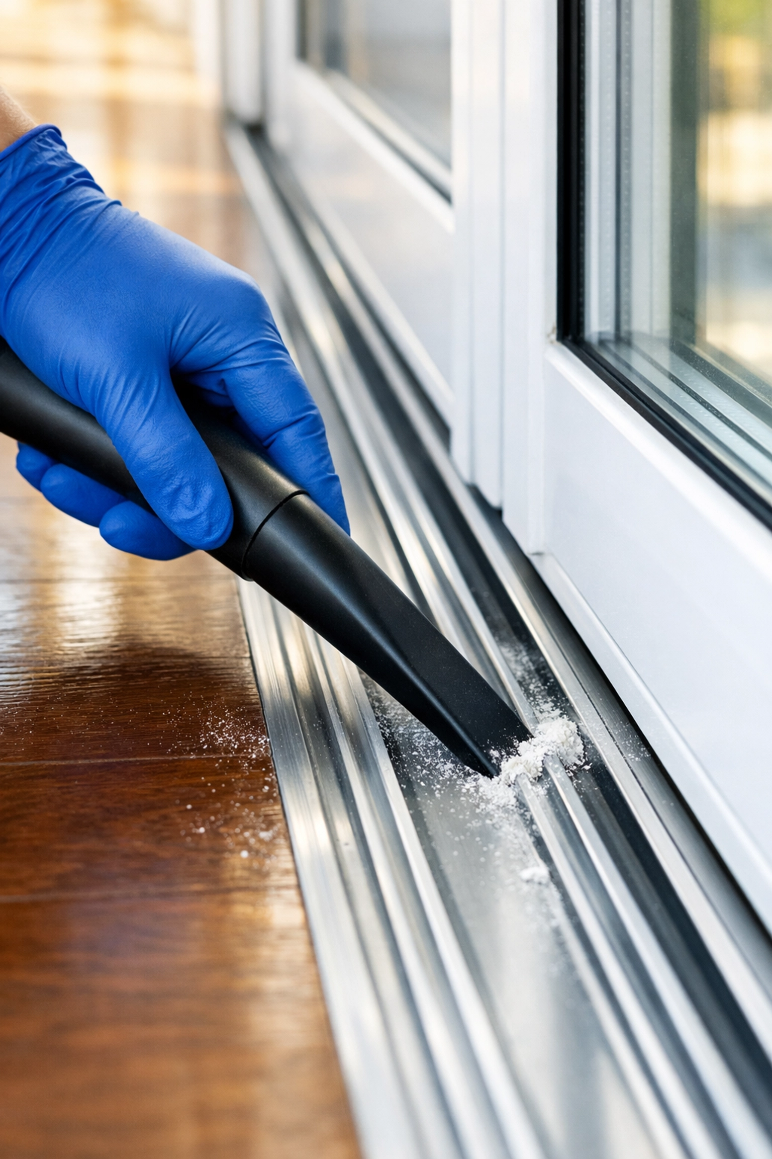 Professional cleaner using a vacuum crevice tool to remove construction dust from a sliding door track.