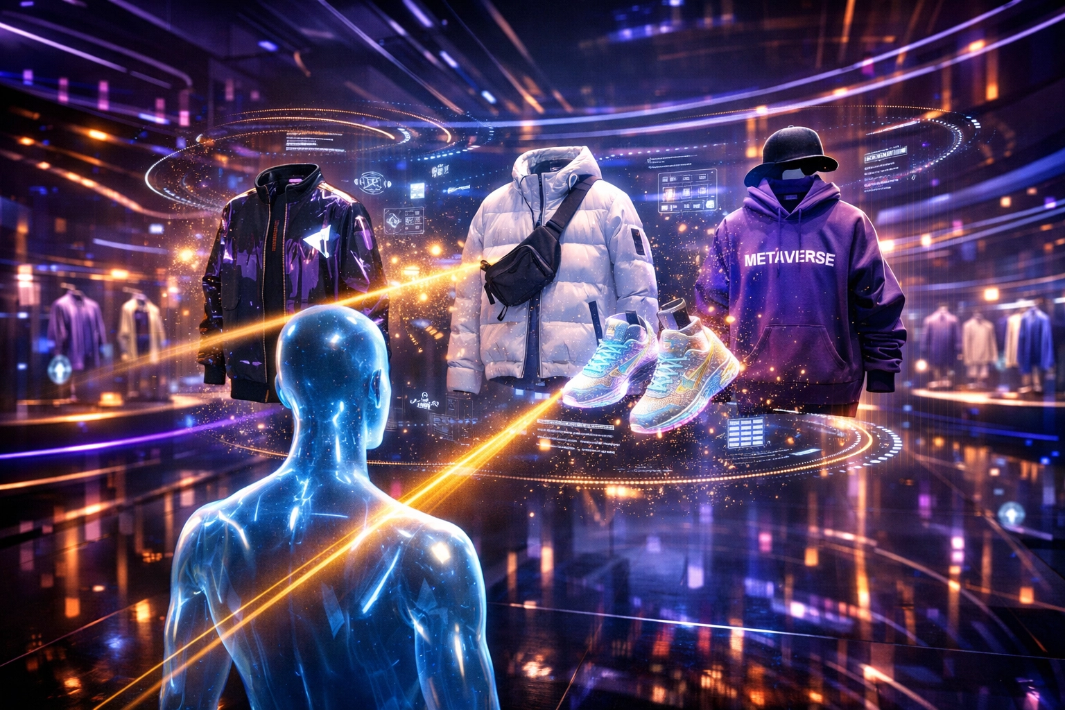 Digital avatar exploring a personalized metaverse retail store with AI-powered floating product displays.