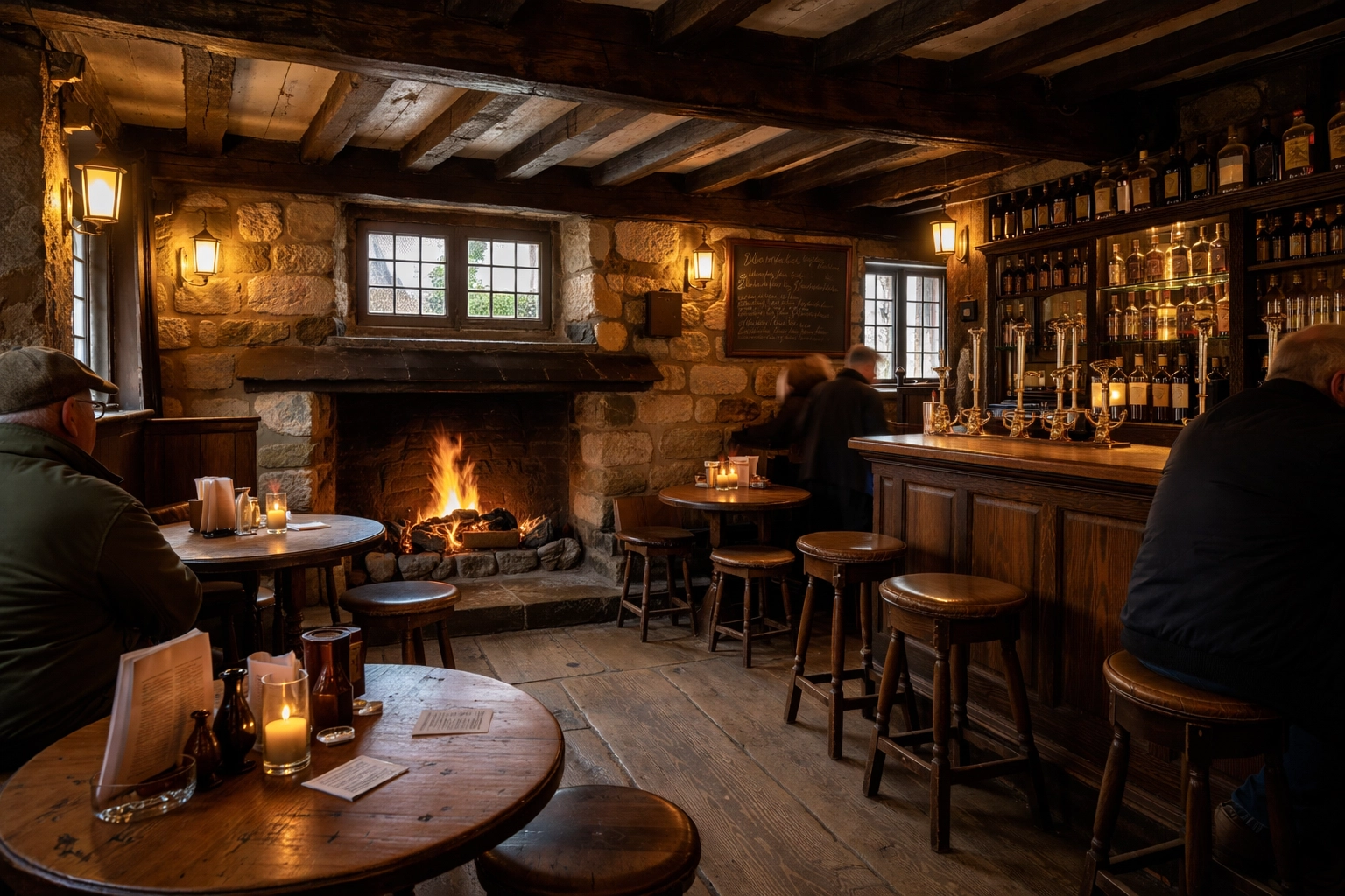 Realistic, low-light photo: half-timbered Stratford pub exterior after rain, wet cobbles, warm window glow, passers-by slightly blurred, no posed smiles.