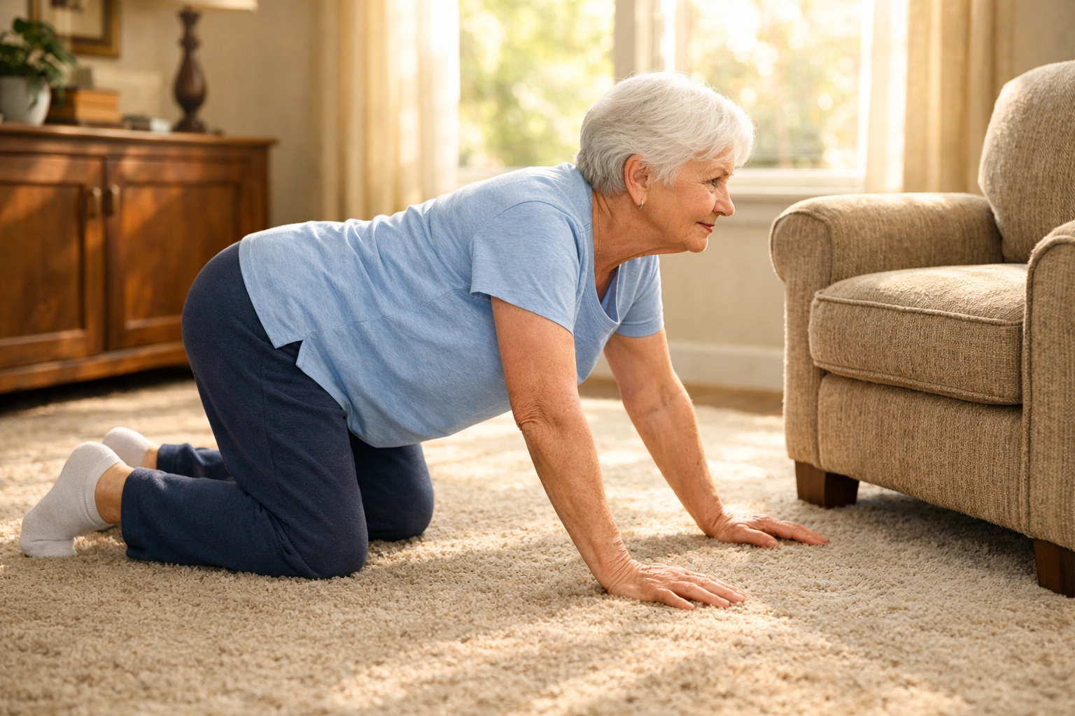 Senior in hands-and-knees position crawling to sturdy chair for fall recovery support