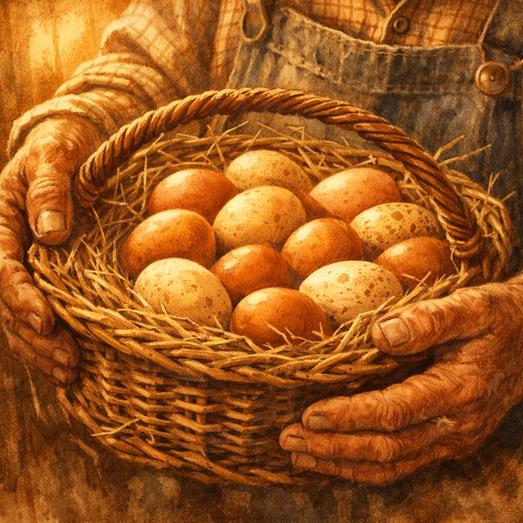 Farmer's hands holding basket of fresh brown pasture-raised eggs in straw