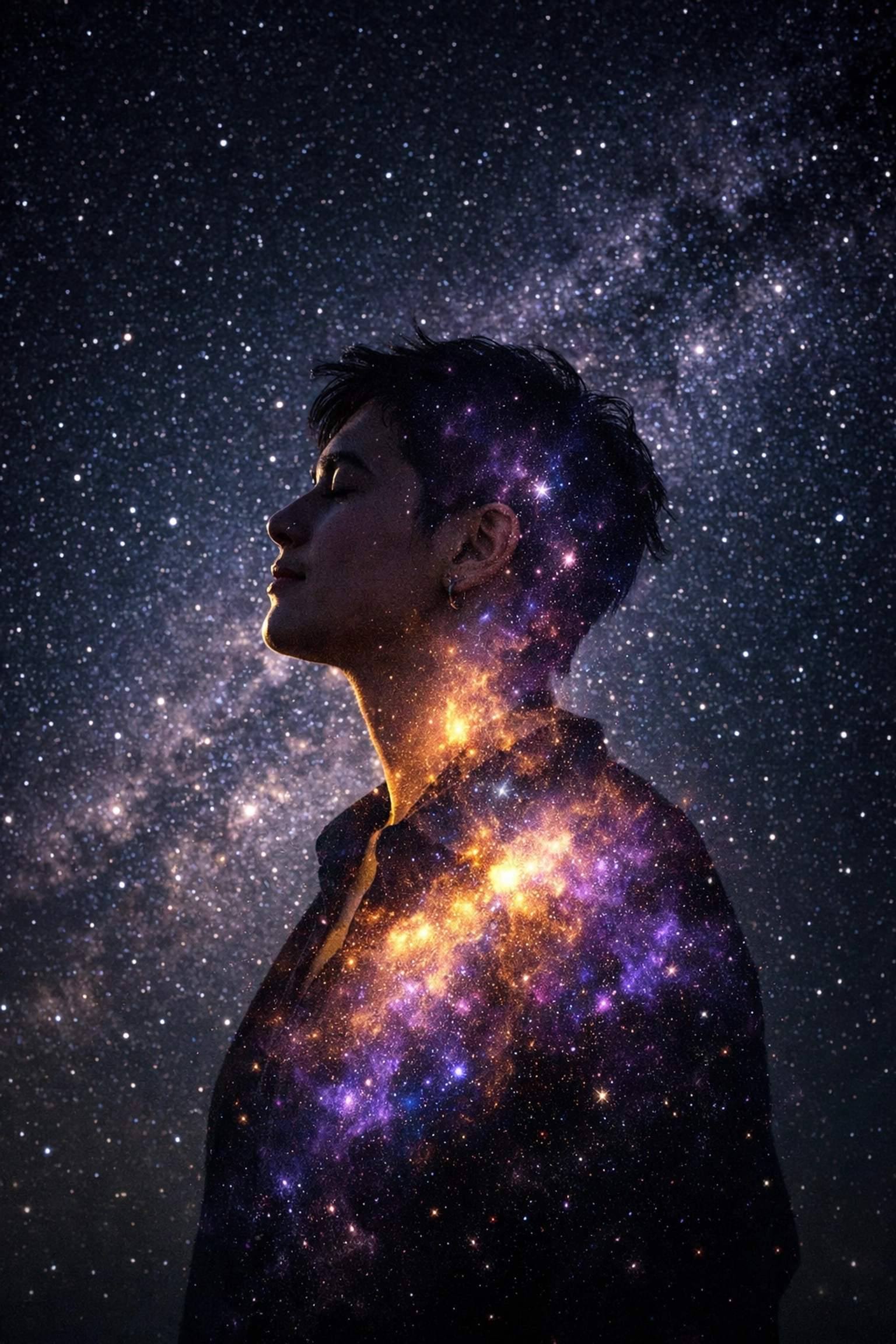 A non-binary person's silhouette merged with a galaxy, representing the science of gender and queer spirituality.