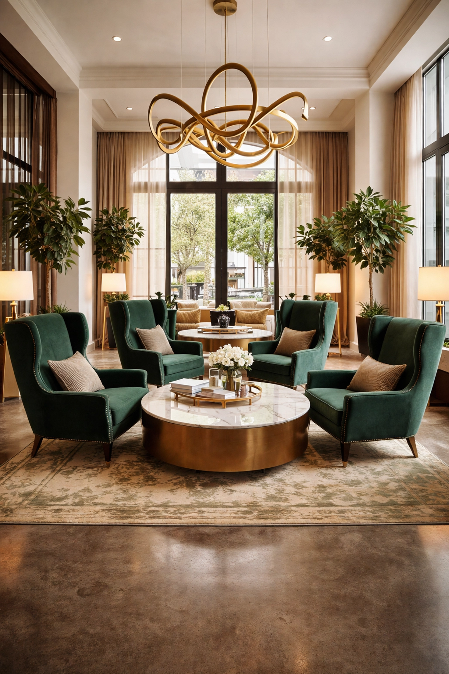 Luxurious boutique hotel lobby featuring emerald velvet armchairs and marble coffee table