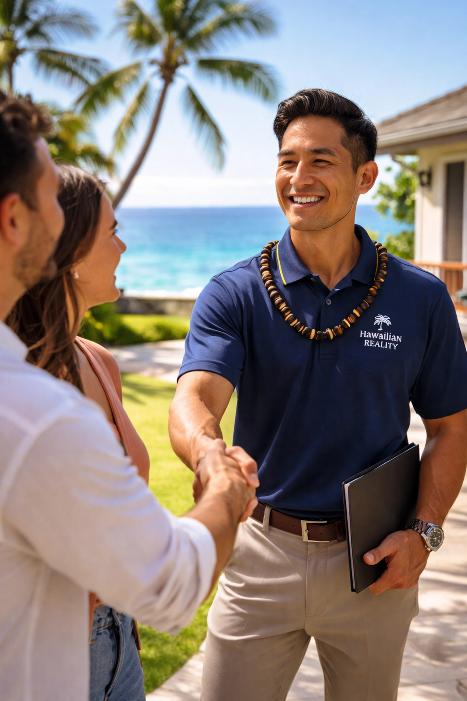 Kona real estate agent in an embroidered polo shaking hands with clients by a beachfront property, showcasing custom business apparel.