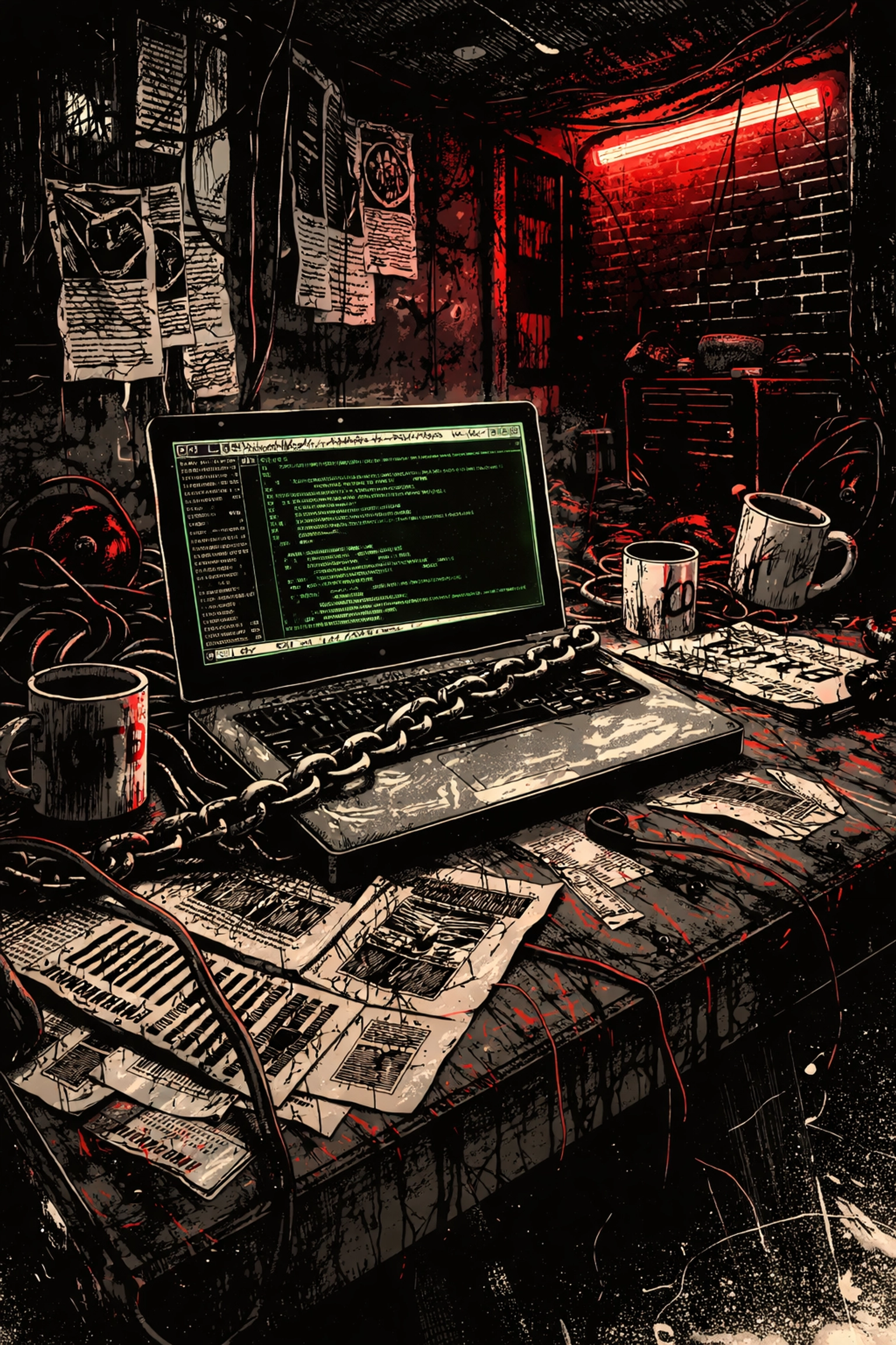 DIY punk workspace with open laptop showing Veracity Life GitHub, symbolizing open source anti censorship tools