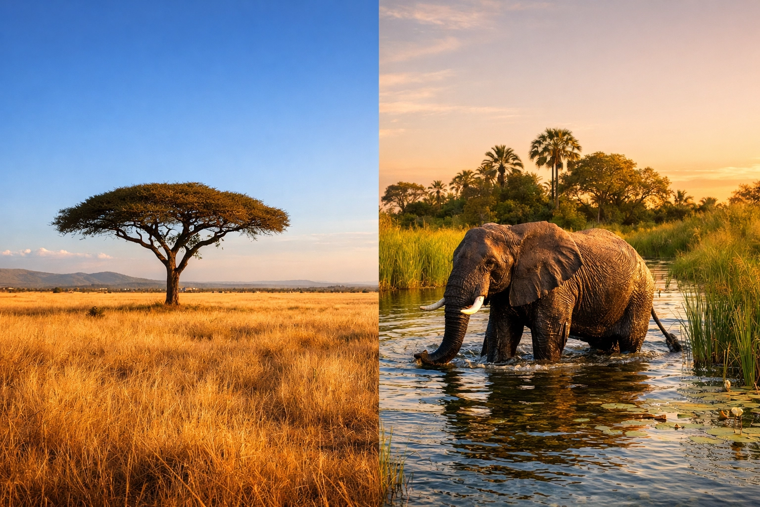 Split view of a golden Serengeti savannah and an elephant wading in the lush Okavango Delta channels.