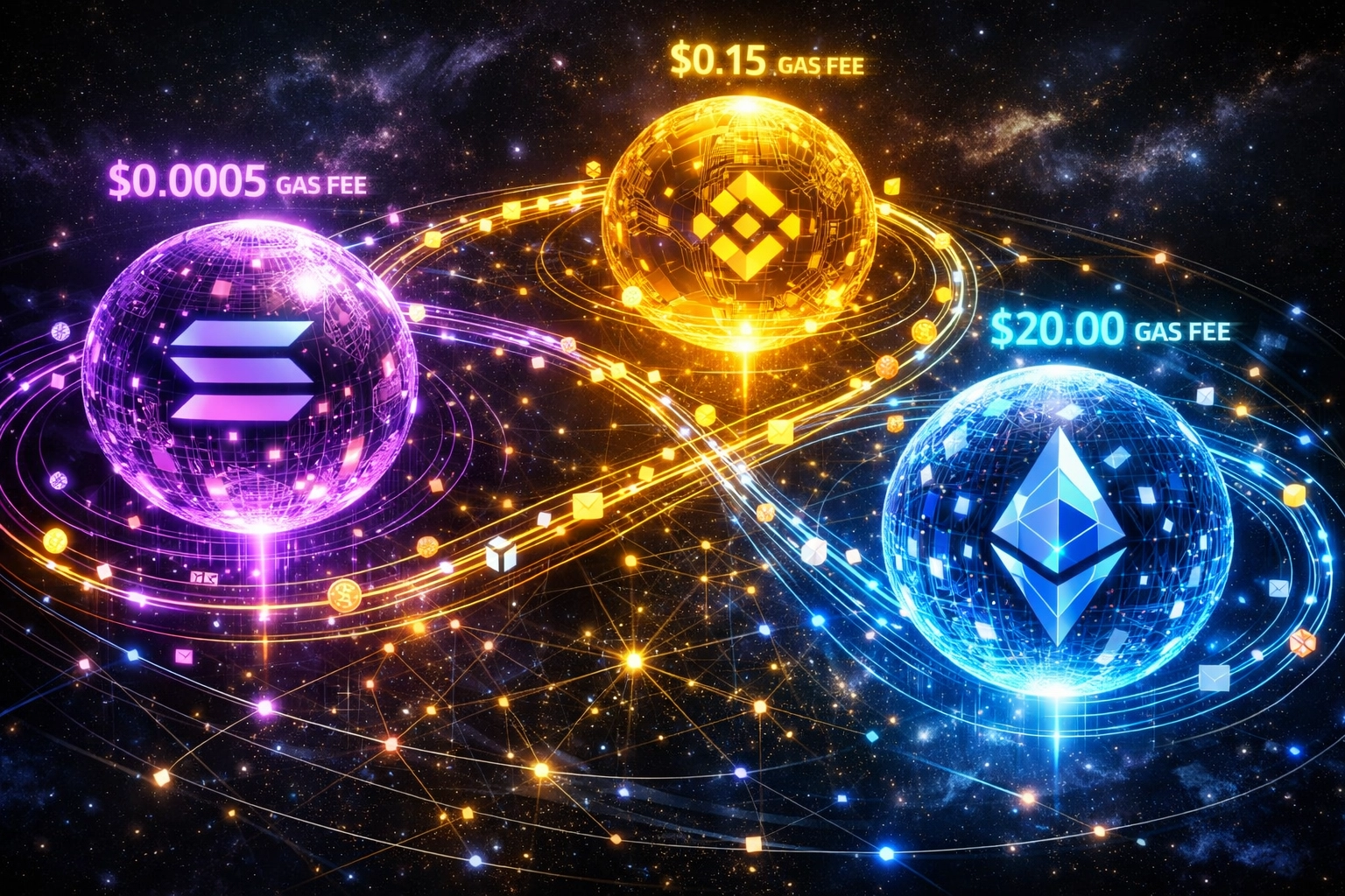 Multi-chain blockchain network showing Solana, Ethereum, and BSC with optimized gas fee routing