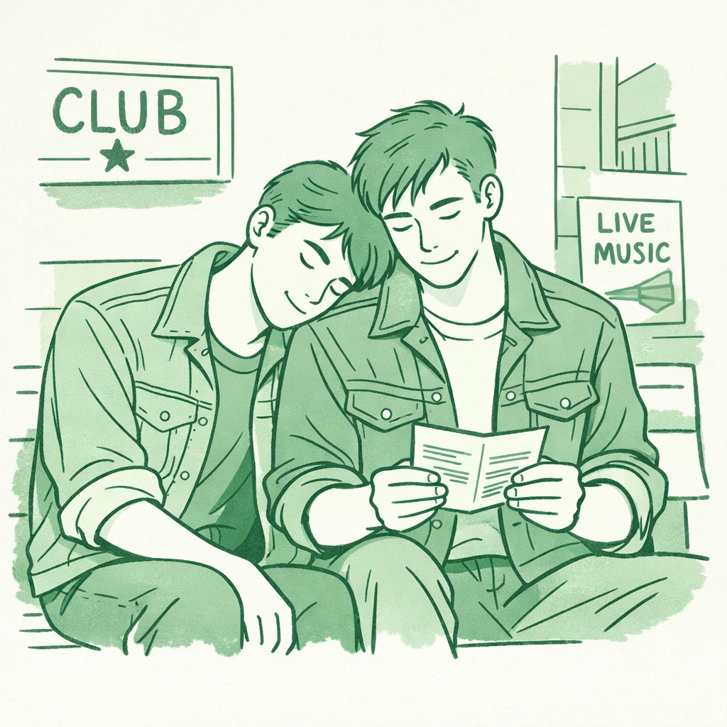 Gay couple in 1980s fashion showing affection outside a historic Soho music club.