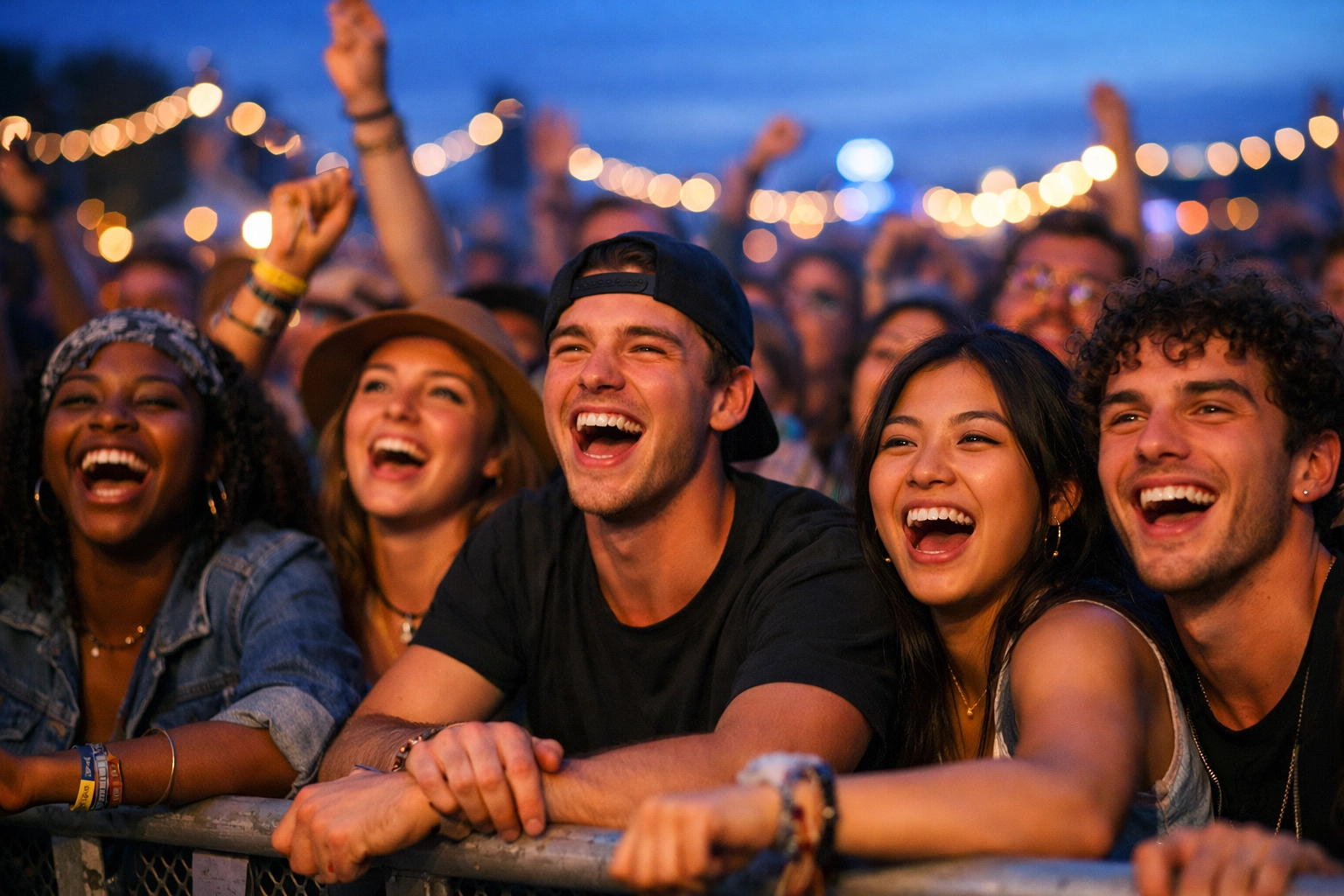 Diverse crowd of fans at a music festival representing the target audience in a music marketing plan.