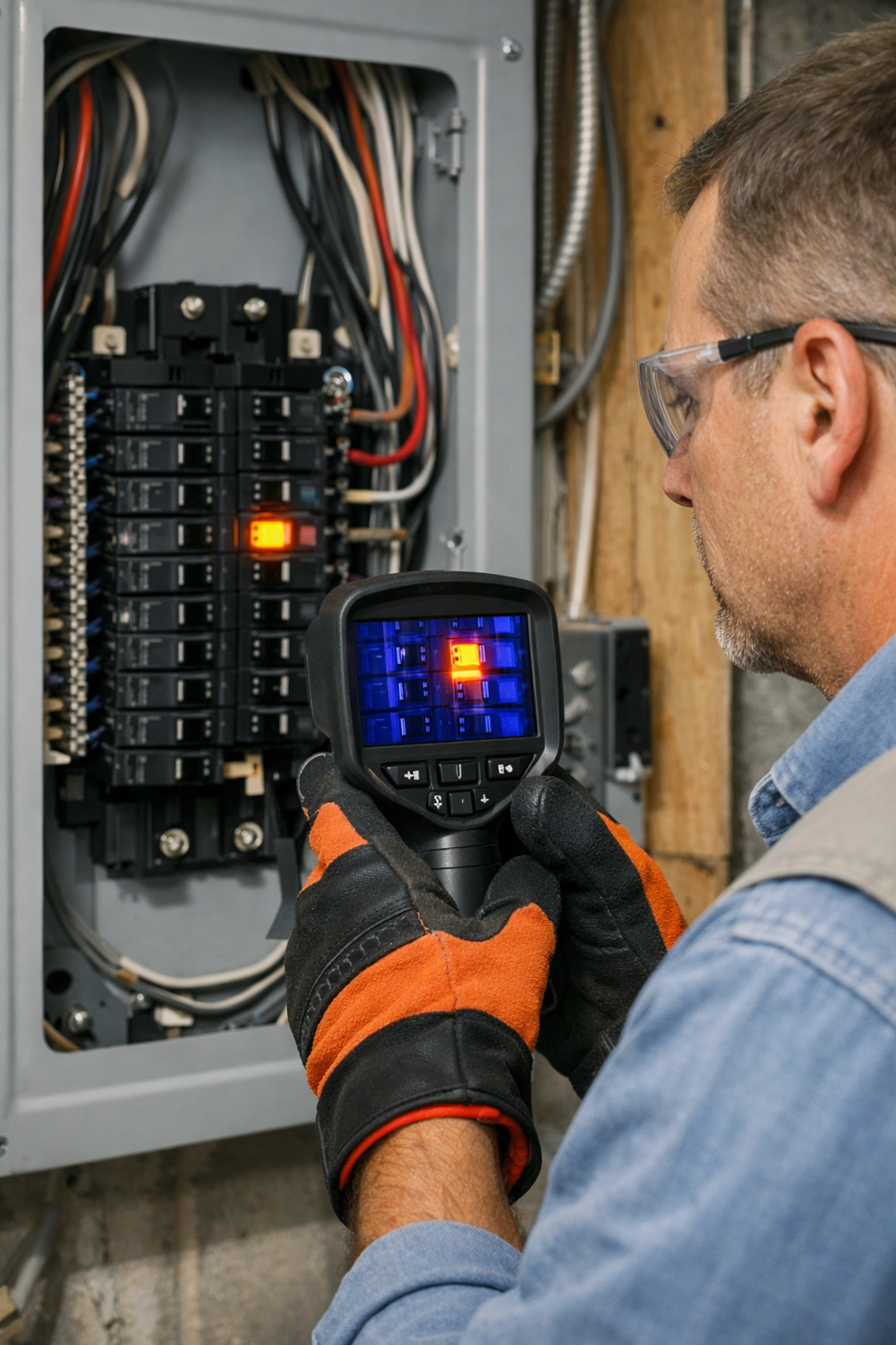 Thermal imaging camera detecting an overheating electrical breaker during a professional home inspection in Edmonton.