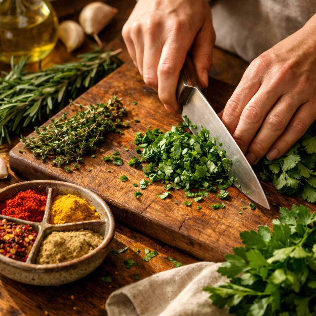 Hands chopping fresh rosemary, thyme, and parsley on wooden cutting board with spices