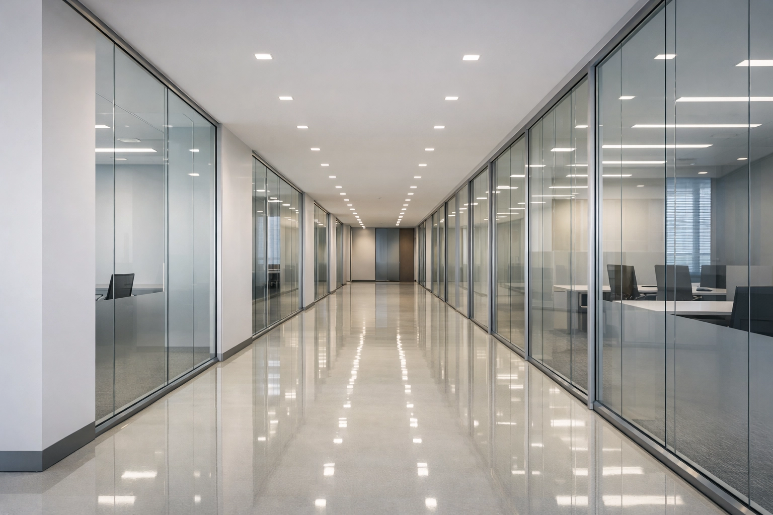 Spotless corporate office hallway with polished floors representing reliable professional janitorial services.