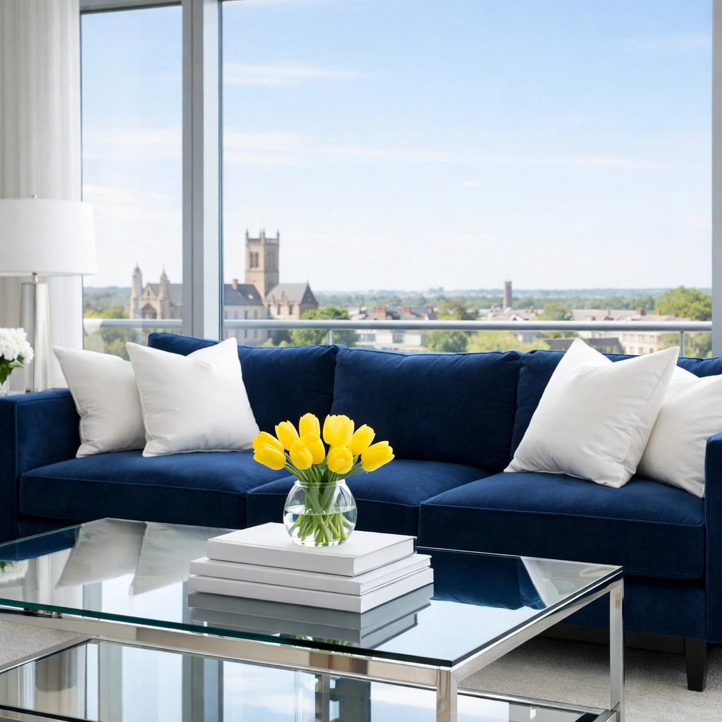 Spotless luxury living room in Cambridge showcasing eco-friendly residential cleaning MA results.