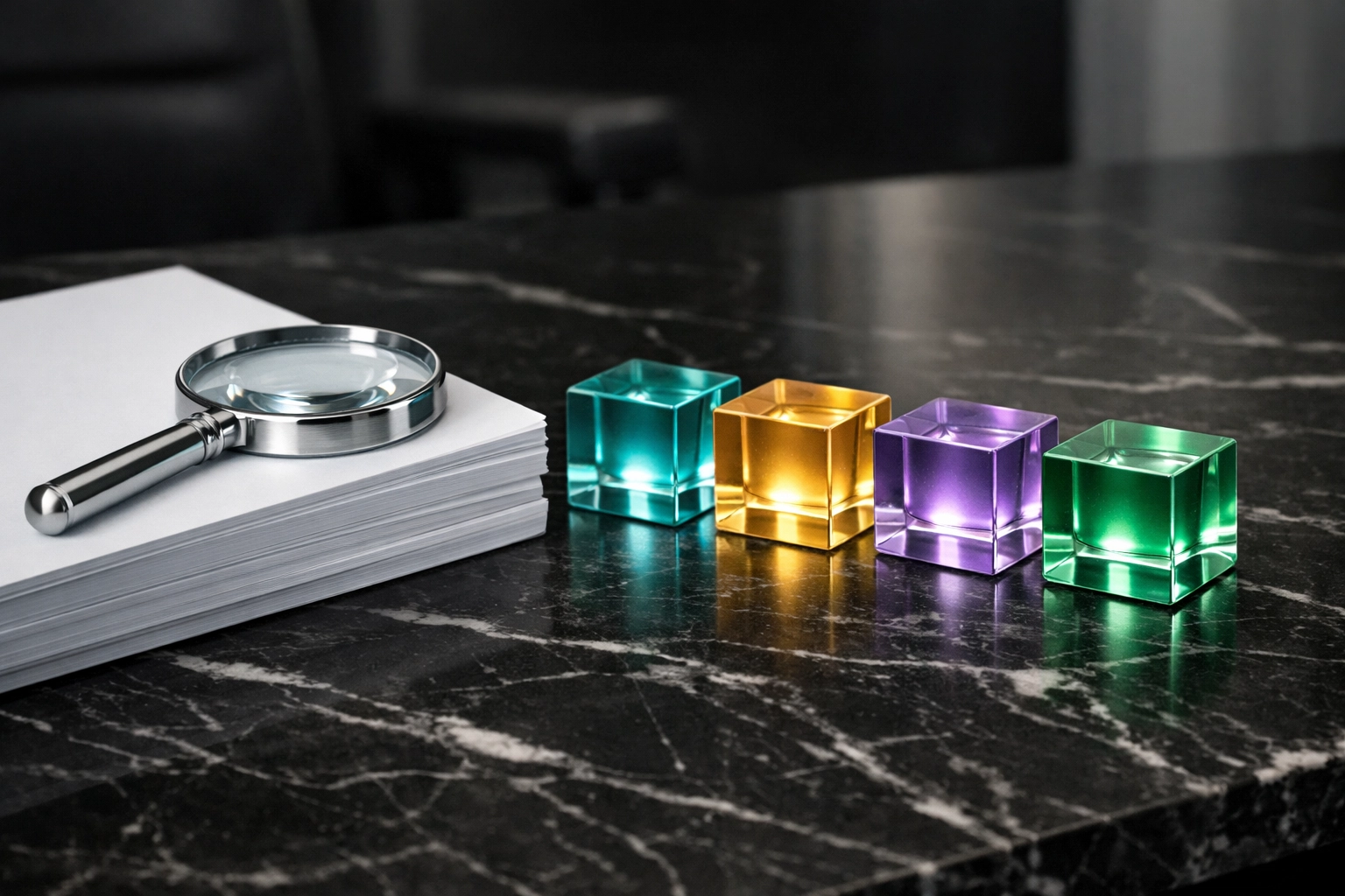 Magnifying glass and glowing cubes representing E-E-A-T principles and website authority for AI search.