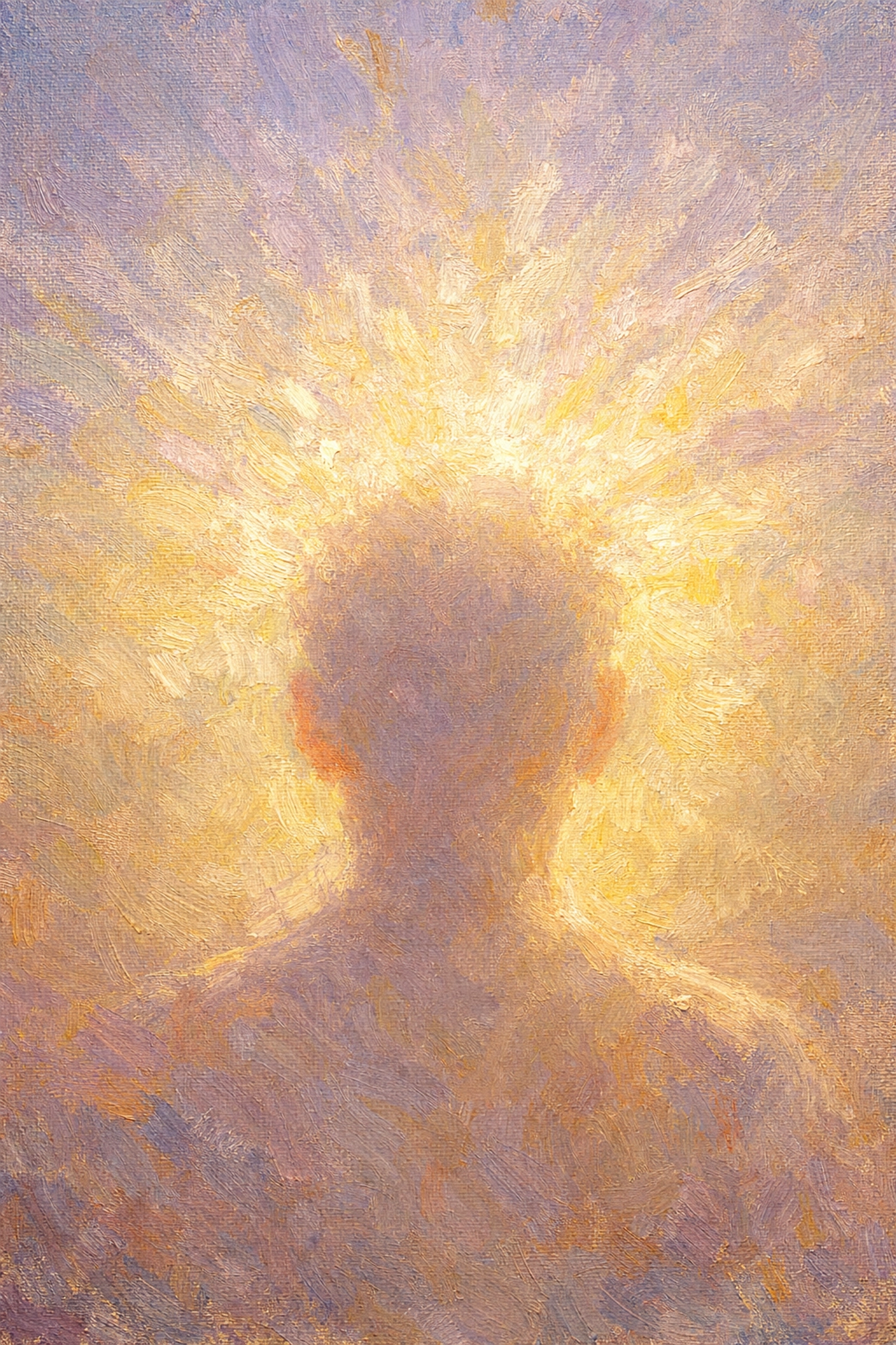 Impressionist painting of golden light above a silhouette, representing the spiritual cleansing of the crown chakra.