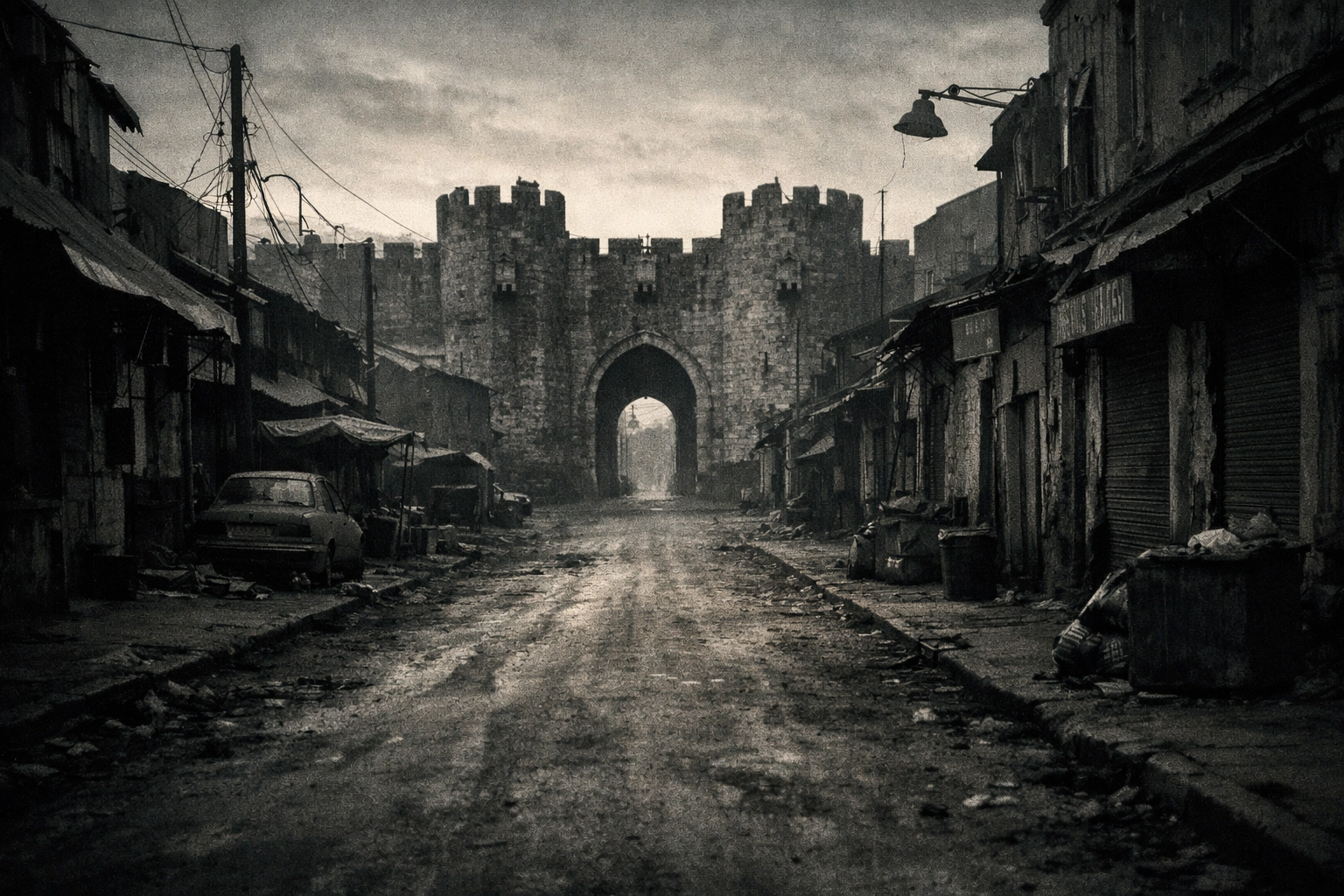 A gritty, cinematic, wide-angle view of a dusty, worn street leading toward an old city gate, moody and high-contrast with natural shadows—an ordinary scene carrying a sense of anticipation.