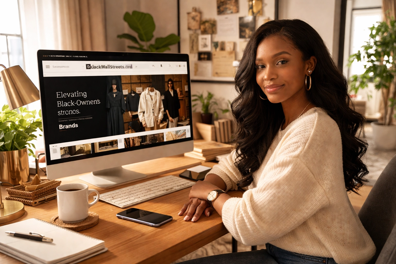 The Journey of Excellence: From Kemet to 2026 Young Black woman entrepreneur at home viewing blackwallstreets.store website, representing modern digital empowerment.