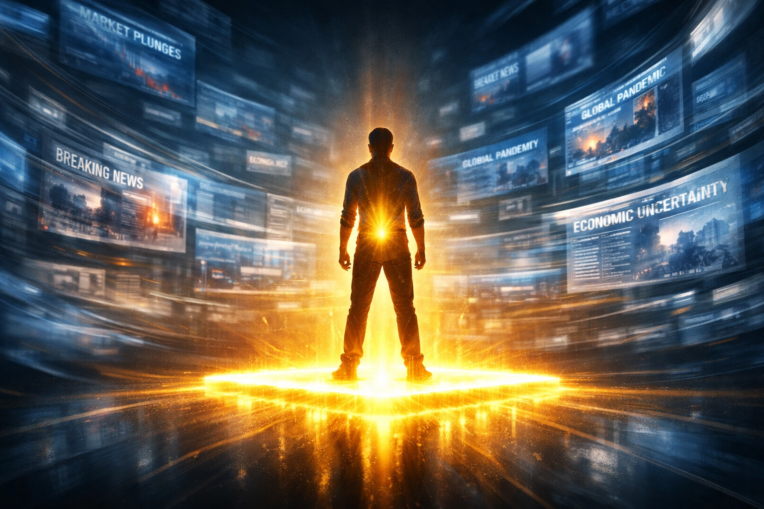 Person standing firm on foundation of faith while staying informed without losing peace