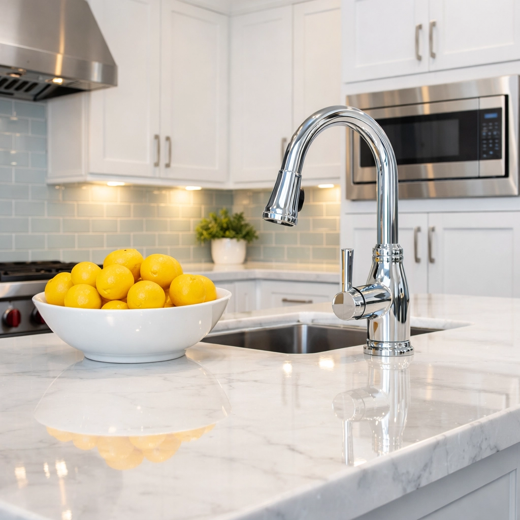 Sparkling white kitchen with sanitized marble counters after a bi-weekly house cleaning in Tyngsborough.