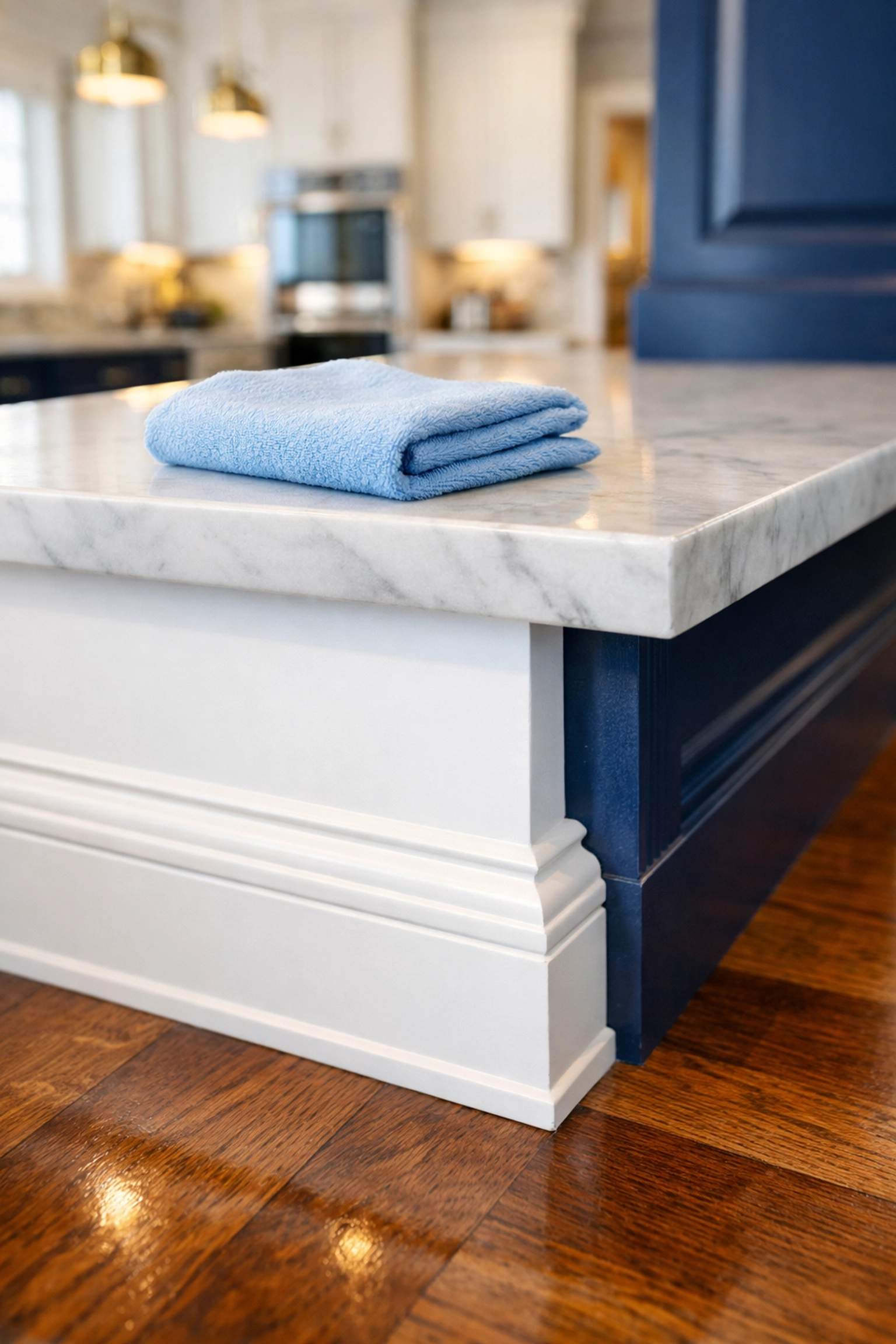 Pristine kitchen baseboards and marble island following professional deep cleaning in Westborough.