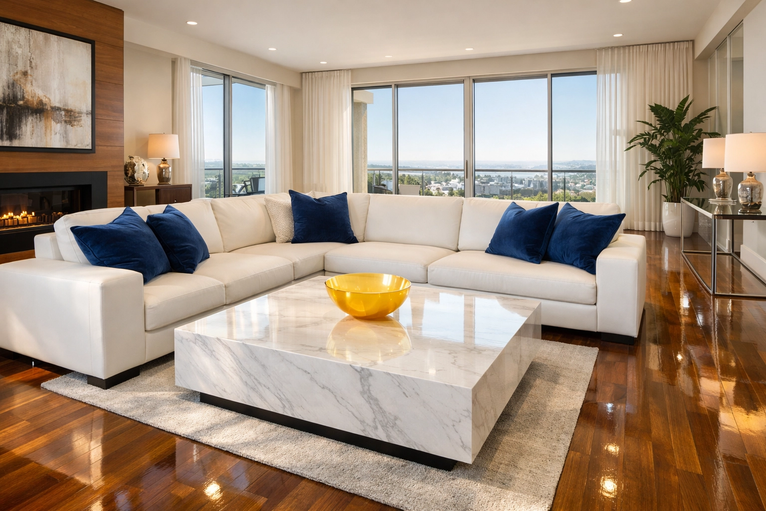 A spotless, sun-drenched luxury living room showing the ROI of a pre-listing deep clean for realtors.