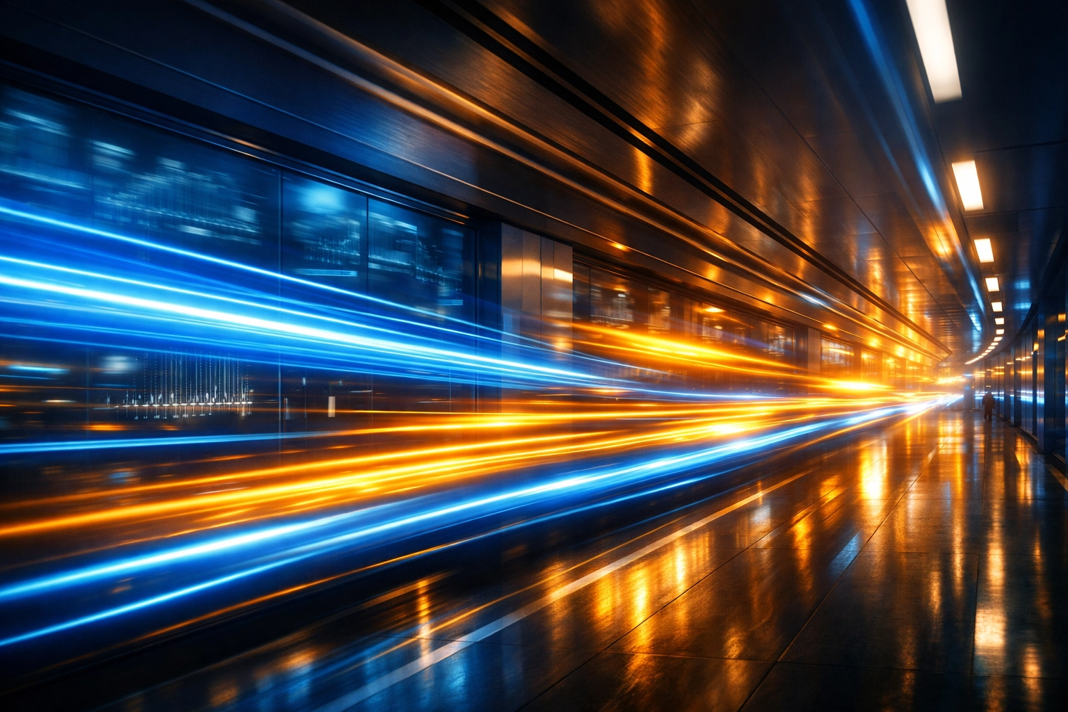 Fast-moving light streaks representing the speed of capital and a business scaling sprint in a modern office.