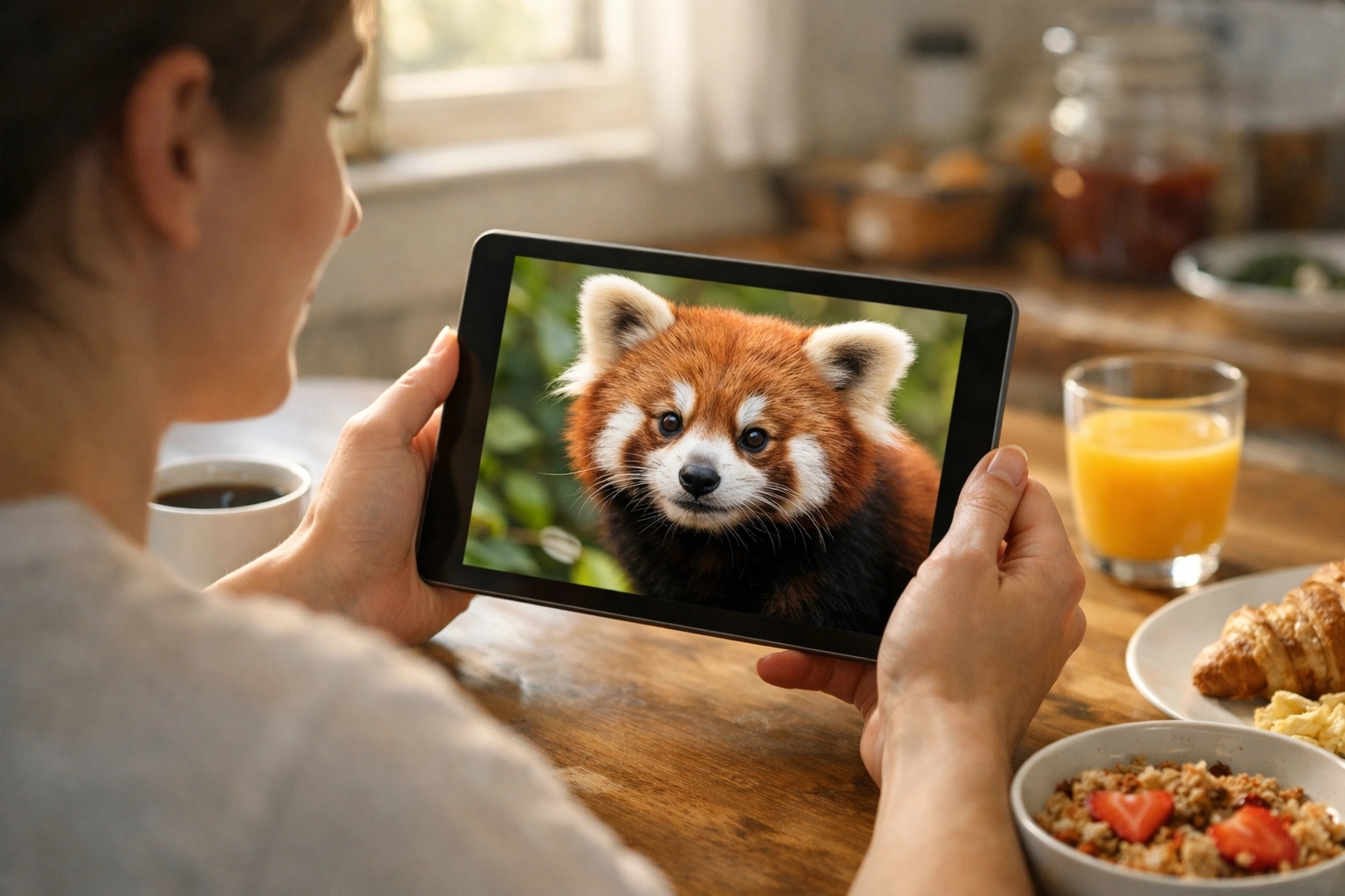 A person reading a daily red panda species spotlight on a tablet during breakfast.