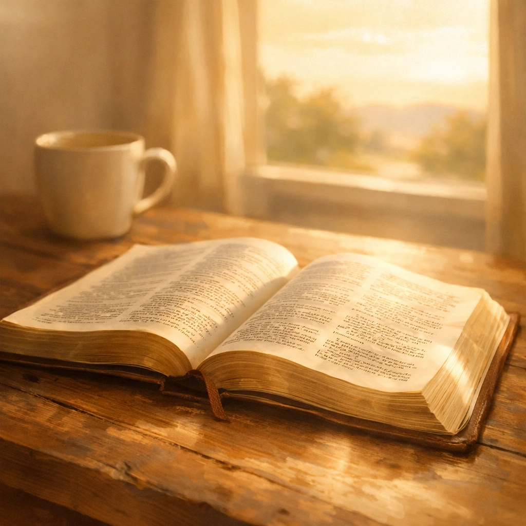 Open Bible on table with morning light for prayer and scripture reflection